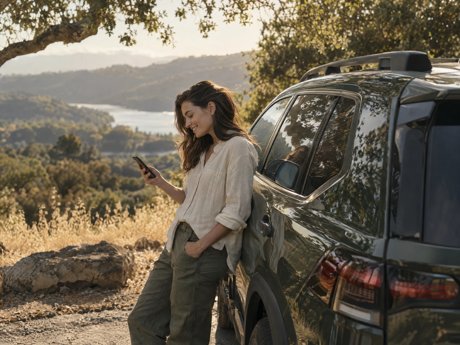 A driver enjoying a relaxed afternoon beside her car